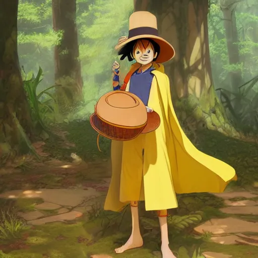 Prompt: concept art painting of an anthropomorphic luffy wearing a yellow cloak, holding a straw hat, in the deep forest, realistic, detailed, cel shaded, in the style of by isaac asimov and marc simonetti and makoto shinkai and greg rutkowski