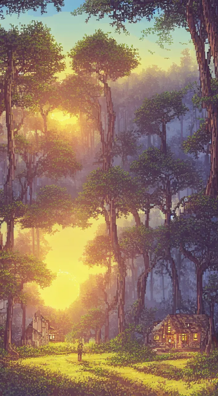 Image similar to a dreamy sunset in the big forest with houses in pixelart style, highly detailed, illustration