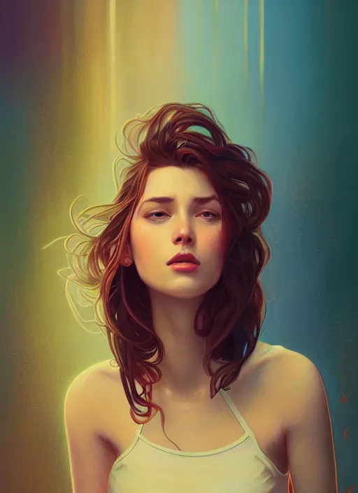 Image similar to handsome young women with shoulder length brown hair, half body shot, path traced, highly detailed, high quality, digital painting, alena aenami, lilia alvarado, shinji aramaki, karol bak, alphonse mucha, tom bagshaw