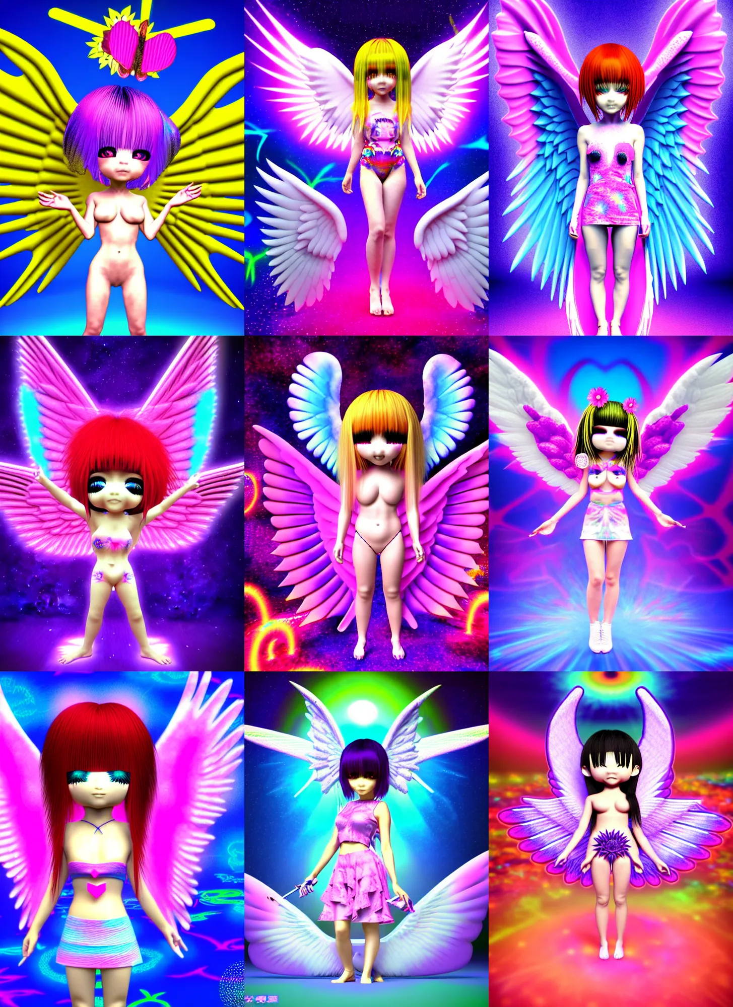 Prompt: 3d render of chibi Sega Nightmaren Nightmaren Nightmaren wearing angel wings by Ichiro Tanida wearing a cockscomb against a psychedelic swirly background with 3d butterflies and 3d flowers n the style of 1990's CG graphics 3d rendered y2K aesthetic by Ichiro Tanida, 3DO magazine