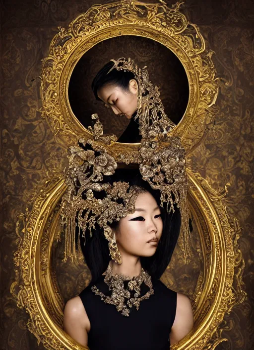 Image similar to a portrait of asian female by stefan geselle and nekro borja, hyper realistic, fantasy, elegant, baroque gold headpiece, photorealistic, canon r 3, photography, wide shot, symmetrical features, symmetrical pose, wide angle shot, head to toe, standing pose, feet on the ground, wearable art