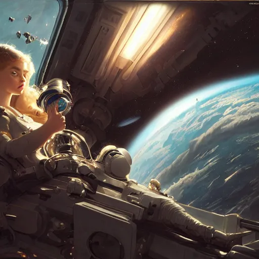 Prompt: sargent and leyendecker and peter paul rubens, head and shoulders portrait of a elle fanning in space, stephen bliss, unreal engine, fantasy art by greg rutkowski, loish, rhads, ferdinand knab, makoto shinkai, ilya kuvshinov, rossdraws, global illumination, radiant light, detailed and intricate environment