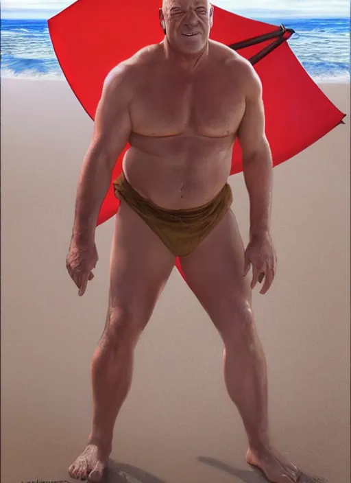 Prompt: portrait Dean norris as sea lifeguard on the beach, full length shot, shining, 8k highly detailed, sharp focus, illustration, art by artgerm, mucha, bouguereau