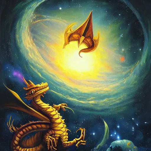 Image similar to A beautiful painting of a dragon in space by Justin Gerard. The dragon is in the foreground with its mouth open, revealing rows of sharp teeth. Its body is coiled and ready to strike, and its tail is wrapped around a star in the background. The colors are bright and the background is full of stars and galaxies. The overall effect is one of chaotic energy and movement. cow print, aardman animation by John Wayne Gacy CGI, tumultuous