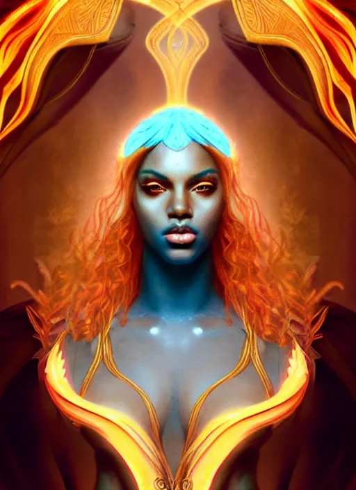 Image similar to the greek god kanyw west, firey gold hair, body made of water, steampunk, beautiful glowing eyes, volumetric lights, red and cyan theme, art nouveau botanicals, intricate, highly detailed, digital painting, artstation, concept art, smooth, sharp focus, cinematic, illustration, beautiful face, art by artgerm and greg rutkowski and alphonse mucha