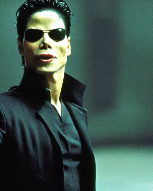 Prompt: a movie still of The Matrix starring Michael Jackson as the Neo, 8k, Technicolor, telephoto lens, medium shot, mid-shot