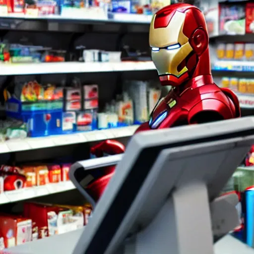 Image similar to Iron Man working as a 7/11 cashier using a red laser scanner, cash register, red laser scanner, wide wide shot, very detailed, beautiful lighting, smoke