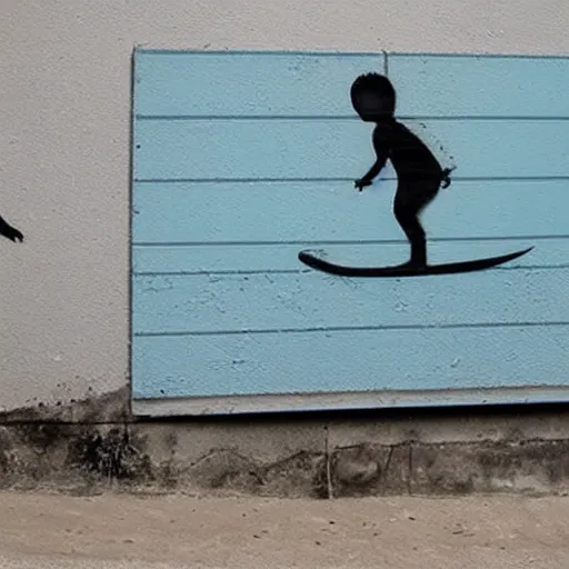 Image similar to a surfing baby painted by banksy