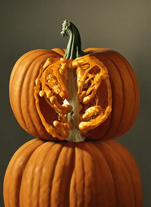 Image similar to portrait of a pumpkin with translucent skin, visible muscles and veins and arteries and bones and spines and nerves, beautiful detailed intricate insanely detailed octane render, 8 k artistic photography, photorealistic, chiaroscuro, by david cronenberg, raphael, caravaggio