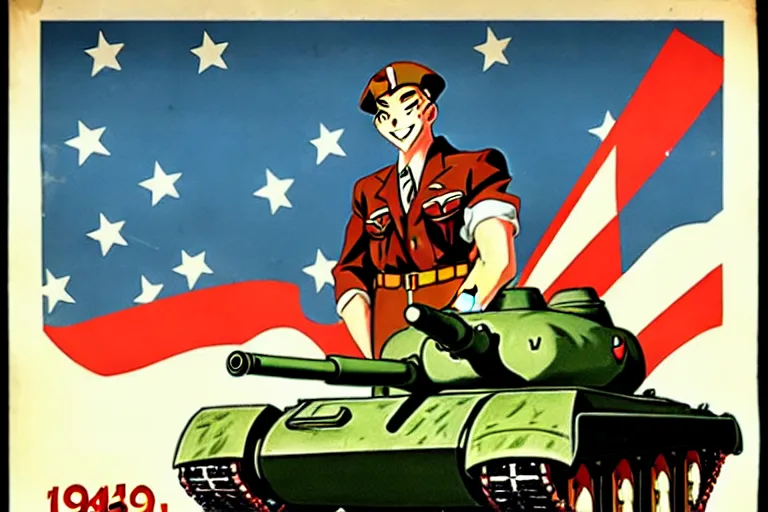 Image similar to 1940s, war, anime, poster, smiling tanks
