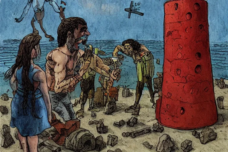 Image similar to odysseus presenting a wine flask to the giant cyclops by enki bilal