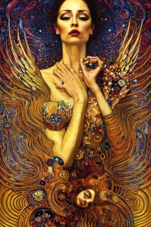 Image similar to Visions of Paradise by Karol Bak, Jean Deville, Gustav Klimt, and Vincent Van Gogh, visionary, otherworldly, fractal structures, ornate gilded medieval icon, third eye, spirals, heavenly spiraling clouds with godrays, airy colors, feathery wings