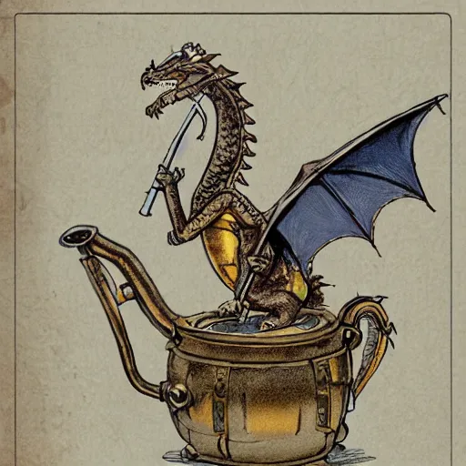 Prompt: a dragon with brass water tanks and steam pipes on it's side, book illustration, white bacground in the style of beatrix potter