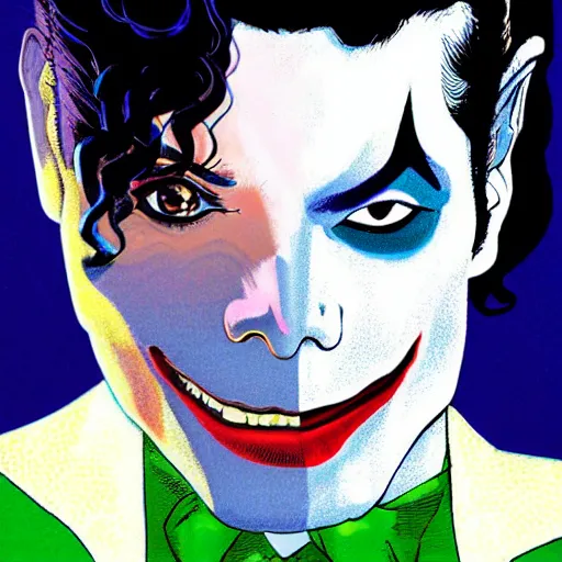 Image similar to dynamic macro head portrait of beautifu michael jackson as the joker in white sequined jacket by john romita sr and cory walker and ryan ottley and jack kirby and barry windsor - smith, comic, illustration, photo real