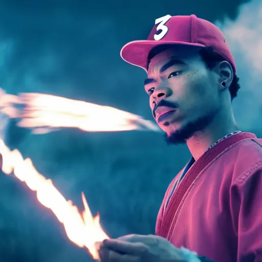 Image similar to cinematic film still of Chance The Rapper starring as a Samurai holding fire, Japanese CGI, VFX, 2022, 40mm lens, shallow depth of field, film photography