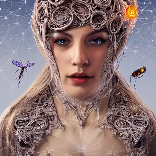 Prompt: very beautiful woman integrating with technology, full face frontal centered, portrait, insipiring, detailed intricate ornate cables connected to head, big open electric eyes, luxurious detailed abundent wiring and implants, renaissance, sci - fi, detailed technology background with cyber flowers and insects, dramatic lighting, photography, highly detailed, artstation, 8 k,