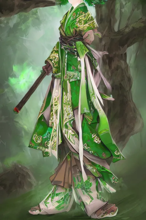 Prompt: a japanese druid woman, green colors, miko clothes, DnD, character concept art, digital art