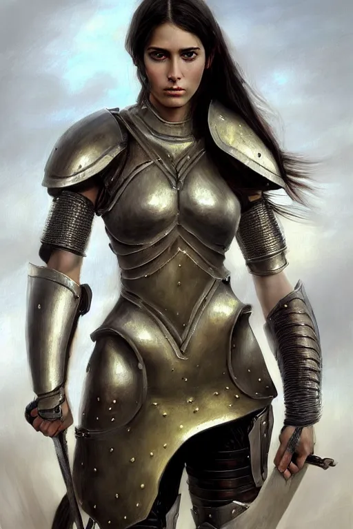 Image similar to a sharply detailed, photorealistically painted portrait of an attractive young female, partially clothed in battle armor, with an abstractly painted background, flawless olive skin, fair complexion, long dark hair, beautiful bone structure, perfectly symmetric facial features, perfect photorealistic eyes, natural physique, intricate, elegant, digital painting, concept art, finely detailed, beautifully illustrated, sharp focus, minimal artifacts, volumetric lighting, from Metal Gear, by Ruan Jia and Mandy Jurgens and Artgerm and William-Adolphe Bouguerea, in the style of Greg Rutkowski, trending on Artstation, award winning art