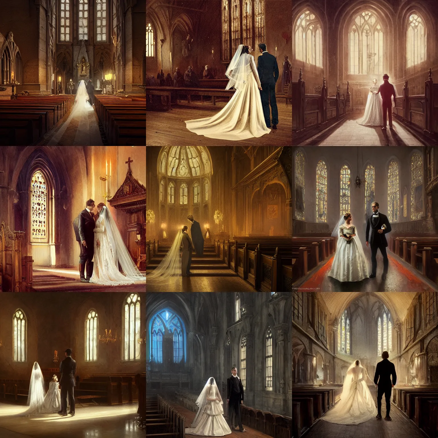 Prompt: 1 9 th century, groom... and bride... in the church. atmospheric, [ [ hyperrealistic ] ], detailed, hd, cinematic lights, close - up, backlit, portrait by greg rutkowski, j. dickenson, meszoly geza, marc simonetti, szekely bertalan