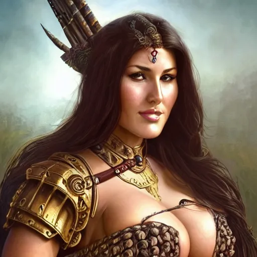 Prompt: portrait of Lucy Pinder as a warrior woman, looking at camera, D&D, intricate, elegant, stylish, cute smile, mouth slightly open, fantasy, extremely detailed, digital painting, artstation, concept art, smooth, sharp focus, illustration, stunning lighting, art by artgerm and greg rutkowski and alphonse mucha and simon stalenhag.