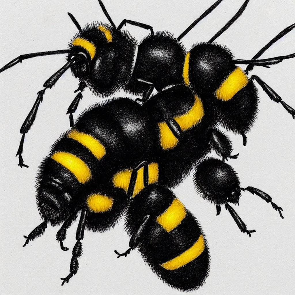 Image similar to a bumblebee with a jetpack on its back, drawn with a black 0. 3 mm fineliner on a white paper