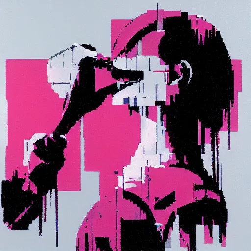 Image similar to the progressive rasterization of a bird, from a mechanical one into a pixel one, pink - noir oil on canvas by dave mckean and yoji shinkawa