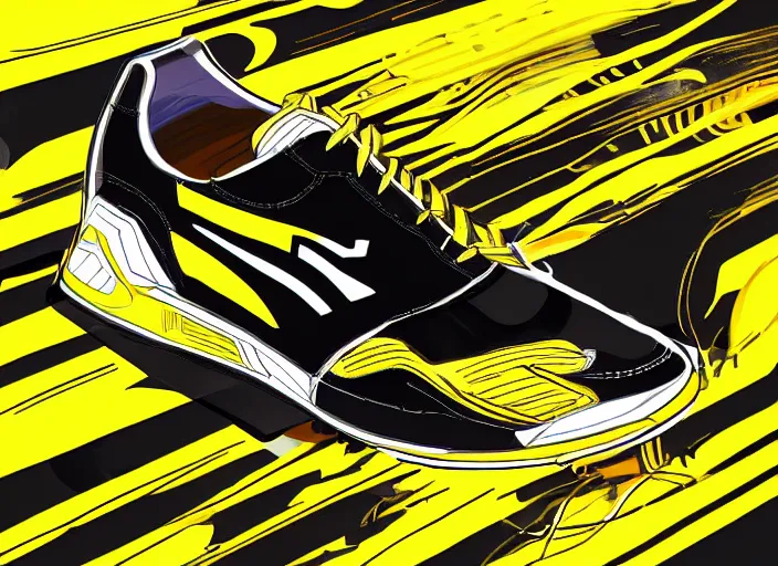 Image similar to sneaker concept, wth short golden lines, yellow details, highly detailed, digital art, sharp focus, trending on art station, anime art style