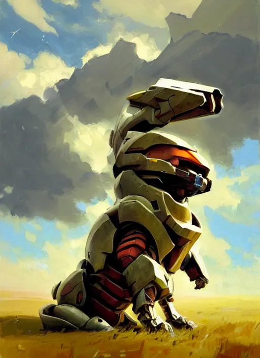 Image similar to Greg Manchess painting of a Corgi head on a combination of Metroid Prime Armor and Forerunner Armor from Halo, countryside, calm, fantasy character portrait, dynamic pose, above view, sunny day, thunder clouds in the sky, artwork by Jeremy Lipkin and Giuseppe Dangelico Pino and Michael Garmash and Rob Rey, very coherent asymmetrical artwork, sharp edges, perfect face, simple form, 100mm