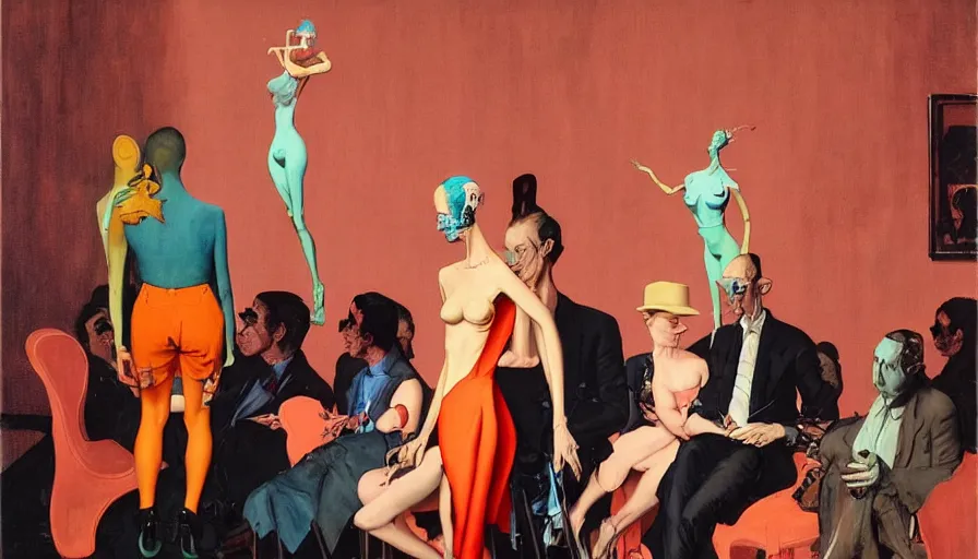 Prompt: maison schiaparelli runway show by francis bacon, surreal, norman rockwell and james jean, greg hildebrandt, and mark brooks, triadic color scheme, by greg rutkowski, syd mead and edward hopper and norman rockwell and beksinski, lingerie, dark surrealism, orange and turquoise
