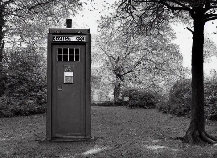 Image similar to photo of a metropolitan police box partially obscured by trees in rural london, police box, 1936, sepia