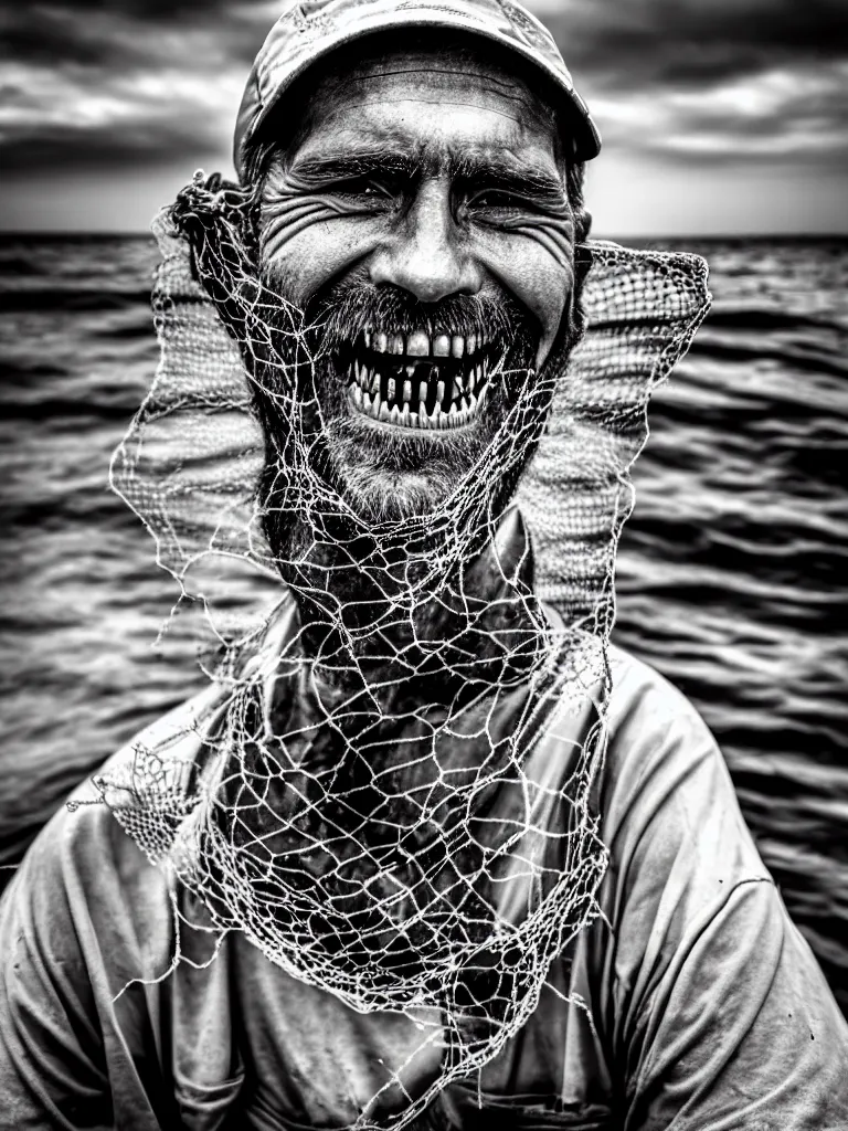 Image similar to an imperfect journalistic portrait of a fisherman, after he has caught a fractal cluster of chimeric biomechanical humans in his net. he grins proudly, baring his gargantuan razor sharp teeth like blades of a professional food processor