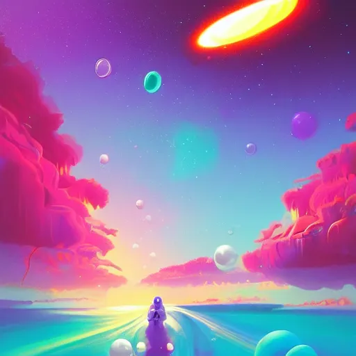 Prompt: a colorful background with a lot of bubbles, concept art by rhads, behance contest winner, space art, outrun, psychedelic, retrowave