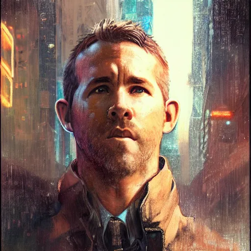 Image similar to ryan reynolds, hyperrealistic portrait, bladerunner street, art of elysium by jeremy mann and alphonse mucha, fantasy art, photo realistic, dynamic lighting, artstation, poster, volumetric lighting, very detailed face, 4 k, award winning