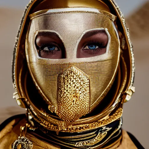 Prompt: Close up Portrait 105mm f2.8 of a Versace editorial model with reflective ornate gold color blocks helmet mask scarf detailed in sand dunes in the Grand Budapest Hotel