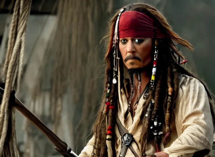 Image similar to film still of john cena as captain jack sparrow in the new pirates of the carribean movie, 4 k