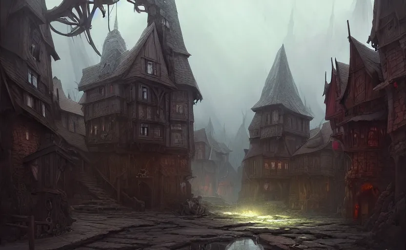 Prompt: epic concept art depicted an old medieval mystic town : : : art by jakub rebelka and tyler edlin : : : dramatic mood, overcast mood, dark fantasy environment : : : trending on artstation, unreal engine, hyperreal movie shot