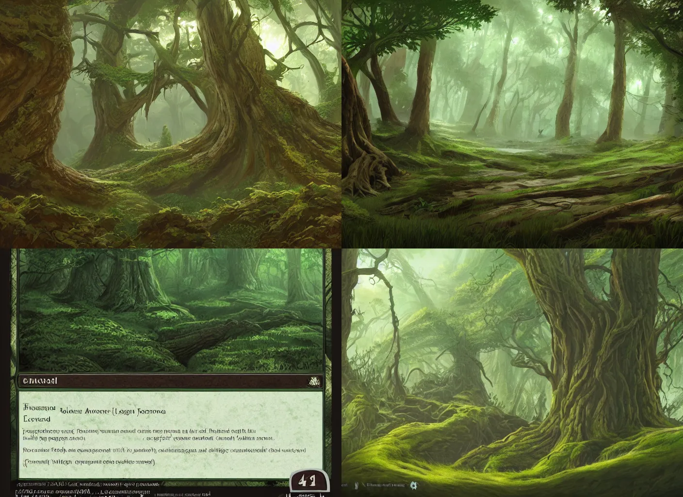 Prompt: artwork by John Avon and Rob Alexander of ancient elder forests, Forest Land Type (green land card artwork for Magic the Gathering), trending on artstation, illustration, 4k, smooth, sharp focus, greens and browns natural colors