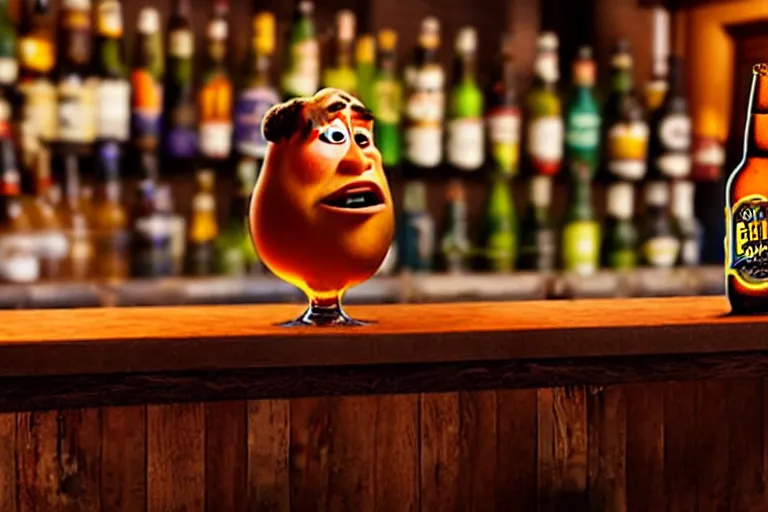 Image similar to a drunken bottle of beer stands a bar yelling at the bar tender, pixar