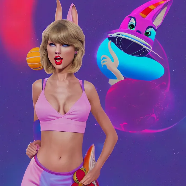 Image similar to portrait of Taylor Swift as Lola Bunny in Space Jam. HD, 4K. intricate abstract. intricate artwork. by Tooth Wu, wlop, beeple, dan mumford. octane render, trending on artstation, greg rutkowski very coherent symmetrical artwork. cinematic, hyper realism, high detail, octane render, 8k, iridescent accents