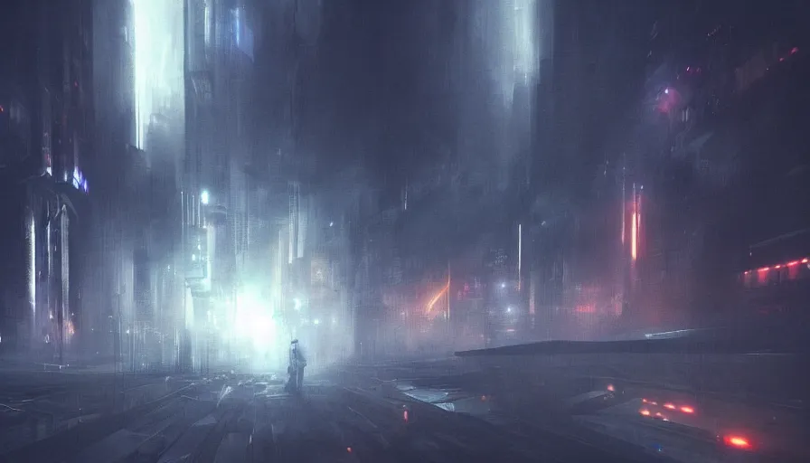 Image similar to man in sky falling through clouds over a dark cyberpunk city, digital art, volumetric lighting, dystopia, artstation, concept art, painting