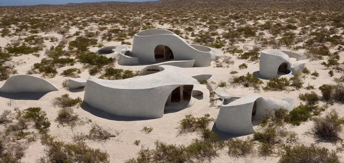 Image similar to a baja california desert by the sea, a seashell shaped house, in the style of maurice noble