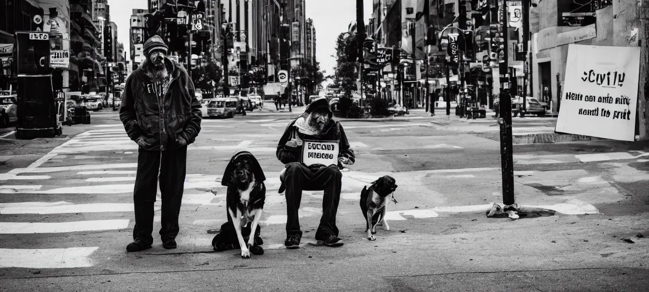 Prompt: Black and white portrait of a homeless man with his dog sitting on a busy city street corner with a cardboard sign. Award winning, depth of field
