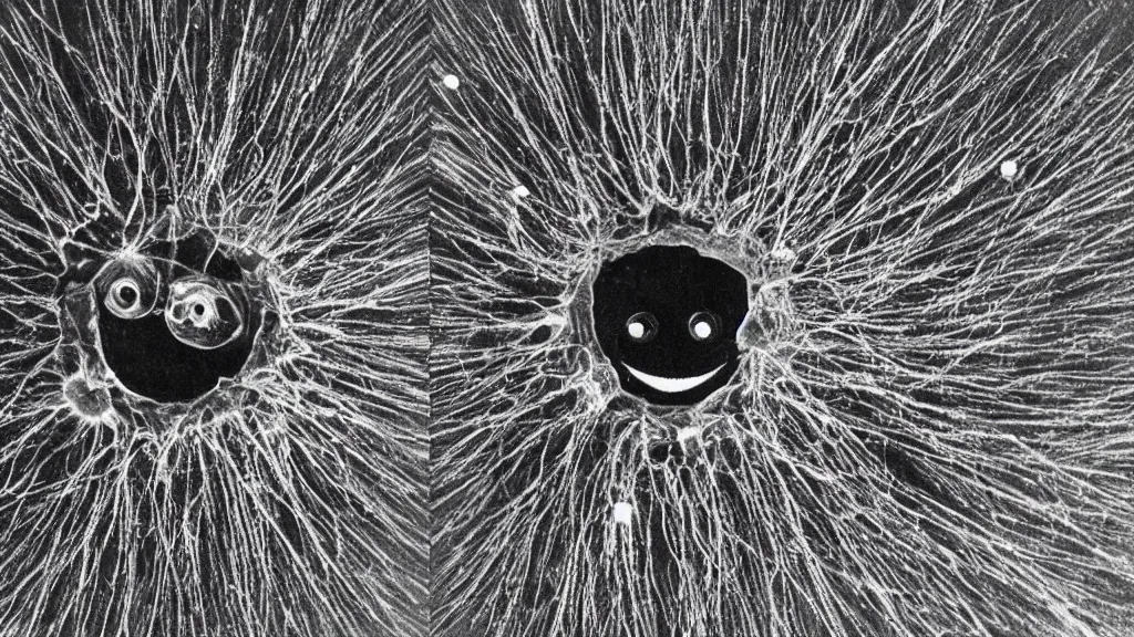 Prompt: a beautiful microscopic scientific photo of a coronavirus and a smiley face seen through the electron microscope, dark, sinister, detailed, by philip henry gosse and ernst haeckel