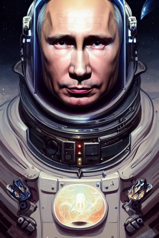 Image similar to Portrait of Putin in space, D&D, face, dark fantasy, intricate, elegant, highly detailed, digital painting, artstation, concept art, smooth, sharp focus, illustration, art by artgerm and greg rutkowski and alphonse mucha