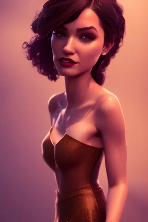 Prompt: beautiful brown femme fatale woman wearing cocktail dress and heels, pixar, volumetric lighting, epic composition, hyper detailed, ultra realistic, sharp focus, octane render, volumetric, ray tracing, artstation trending, cgsociety, sense of awe, 4 k