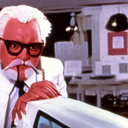 Prompt: Colonel Sanders as a supervillian in a 1980s movie