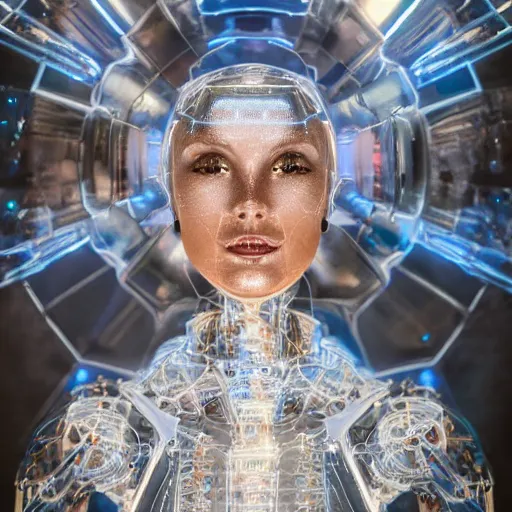 Image similar to beautiful centered Fine art photo portrait of Angelica Bella as a solarpunk robotic humanoid, crystal mechanical parts with lights, photorealistic, white background, highly detailed and intricate, outdoor lighting, HDR 8k