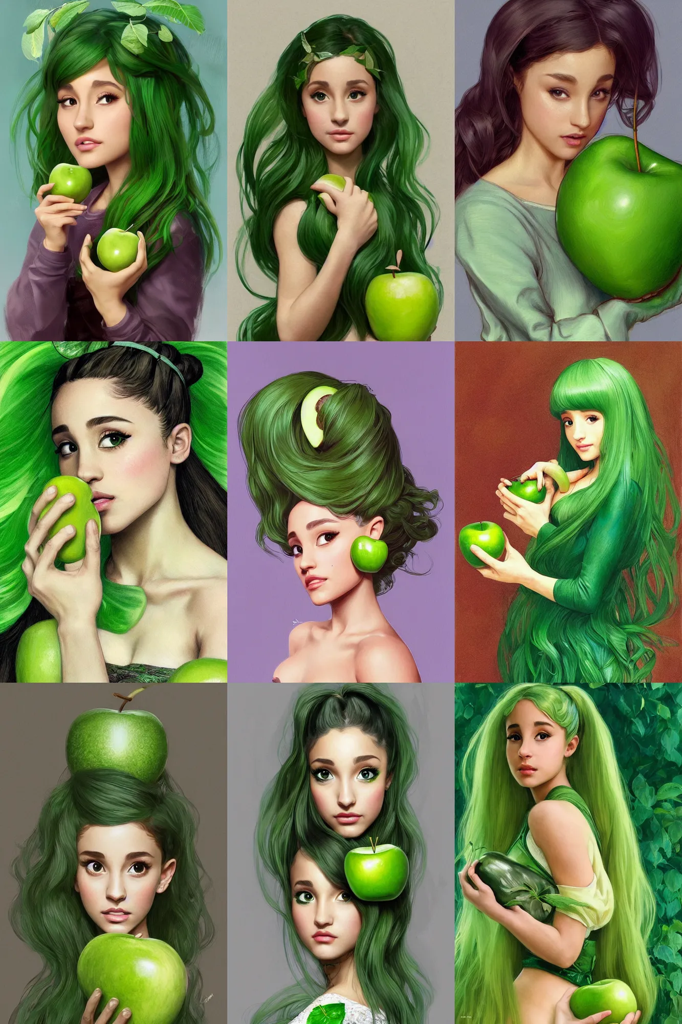Prompt: beautiful cottagecore Ariana Grande holding a green apple, green hair, green plants, intricate, elegant, highly detailed, digital painting, artstation, concept art, smooth, sharp, focus, illustration, art by artgerm and greg rutkowski and alphonse mucha