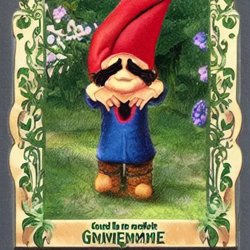 Image similar to collecting cards of undercover super garden gnomes and their magical attributes, borders,