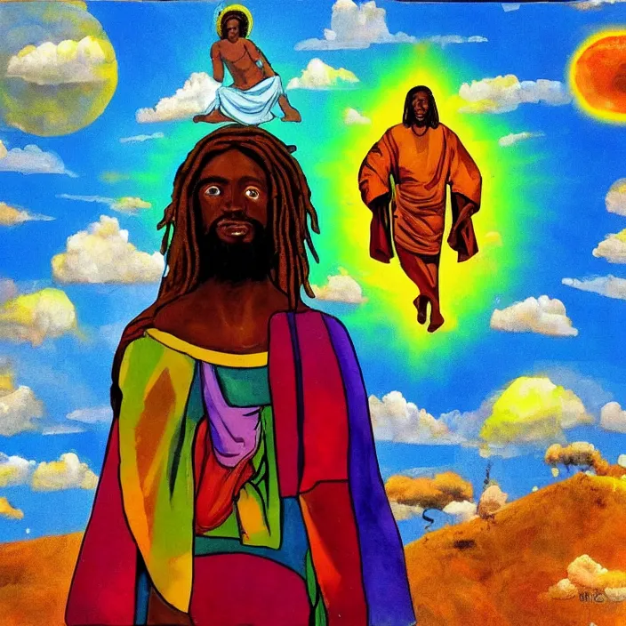 Image similar to UFO hovering over an African Jesus , clouds, colorful, in the style of African bus art,